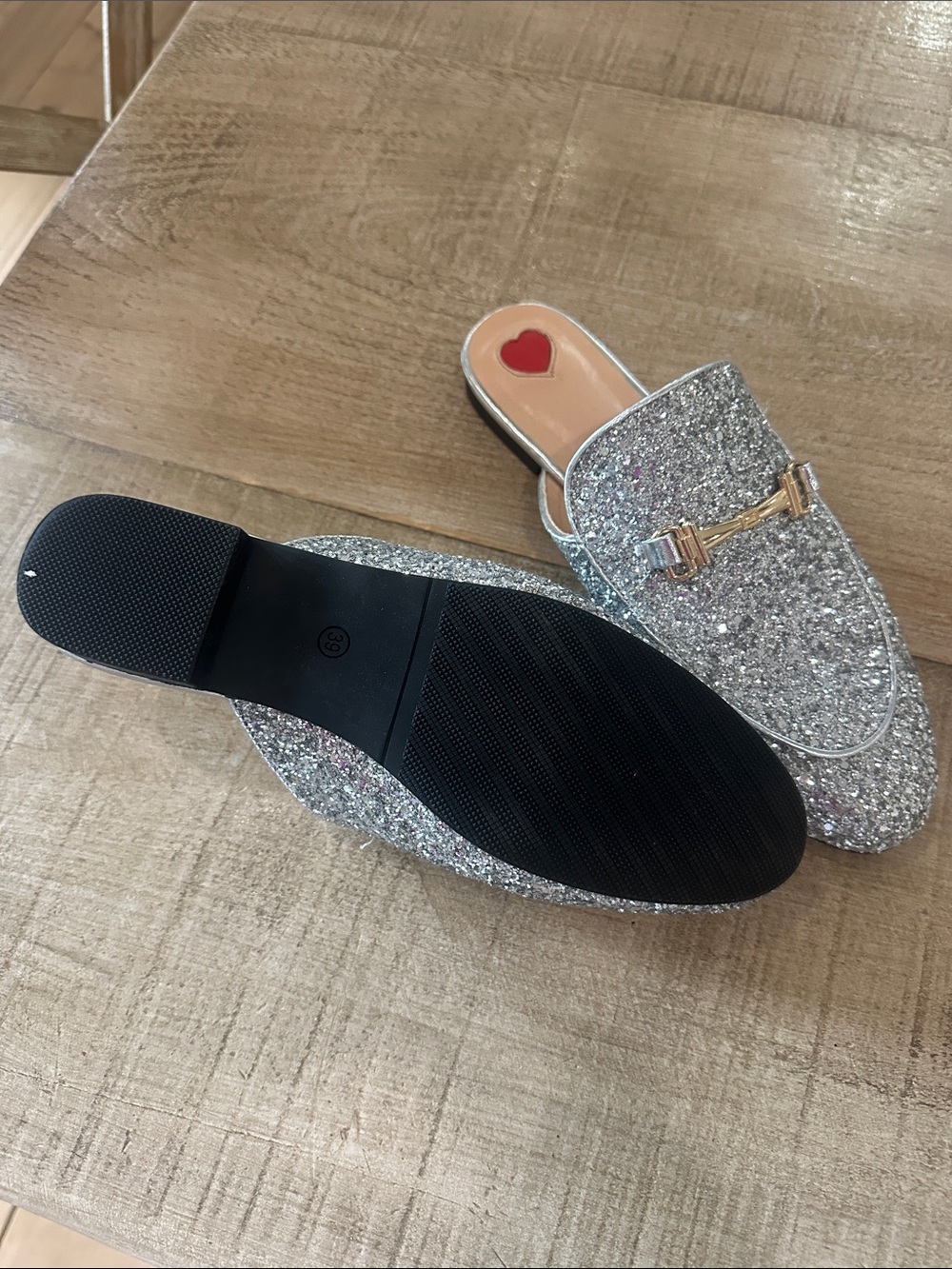 Silver Glitter Slip-On Mules with Gold Accent - Picture 2 of 3